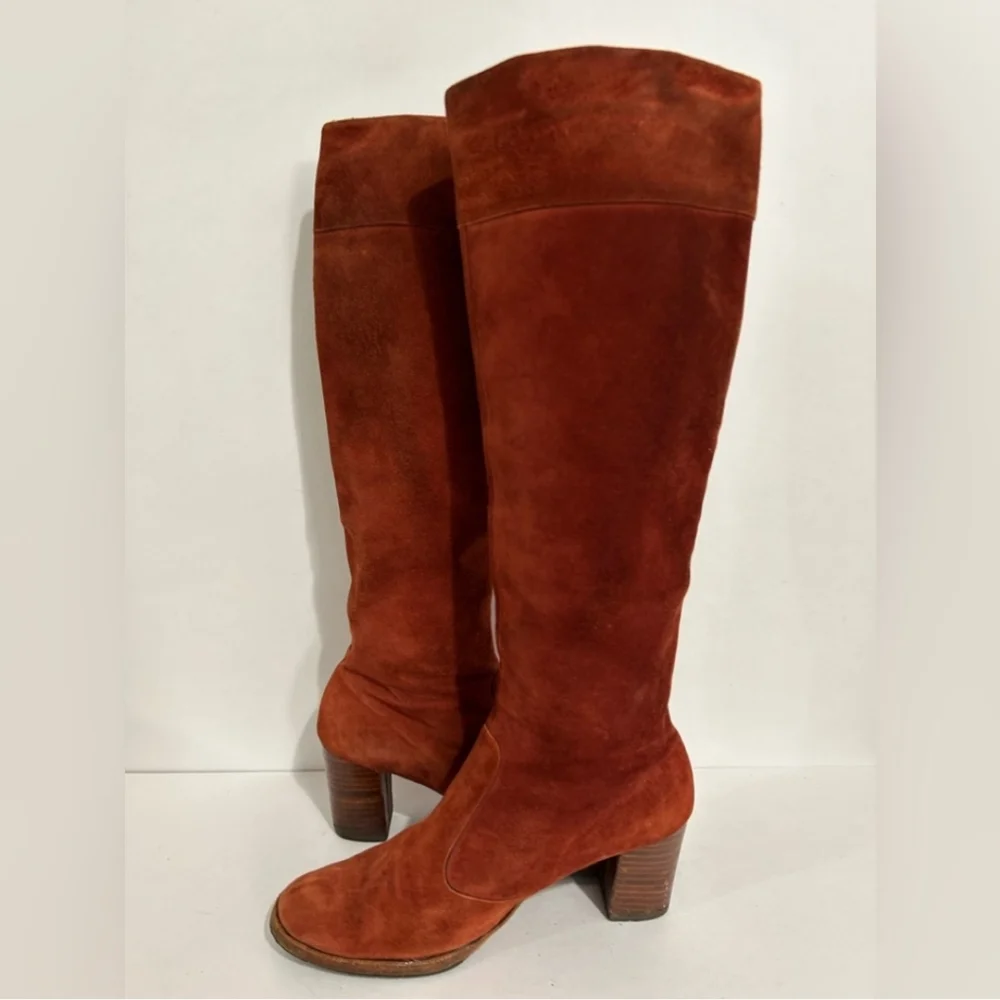 Beautiful 1970s Knee Boots, Genuine Suede Burnt Orange Stacked Heel Size 6 - Picture 14 of 16